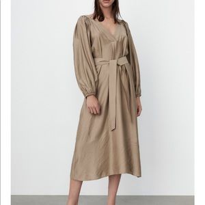 **NWT** Zara Belted Midi Dress in Taupe